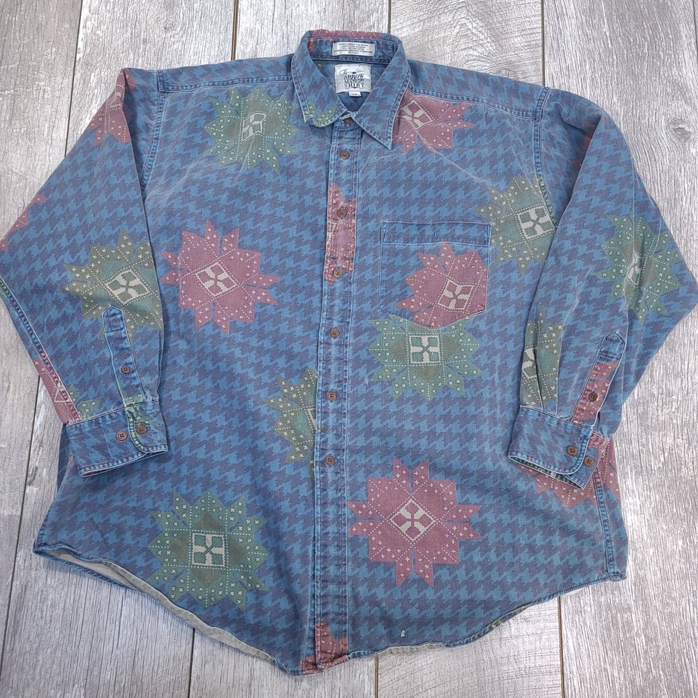 Arrow Button Shirt Mens Large Blue Houndstooth Geometric Star Vintage Western
